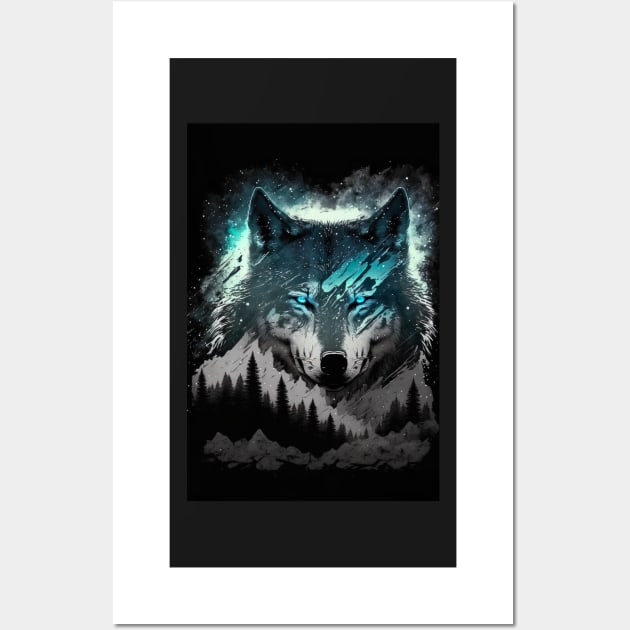 Cool Wolf portrait with teal and grey Wall Art by KoolArtDistrict